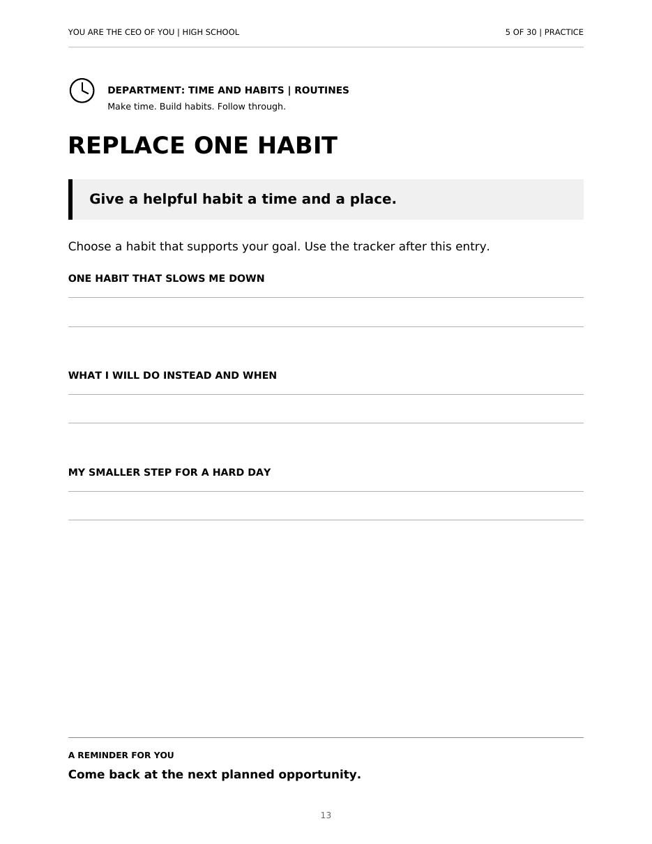 Practice page for Entry 5 with space to replace one habit