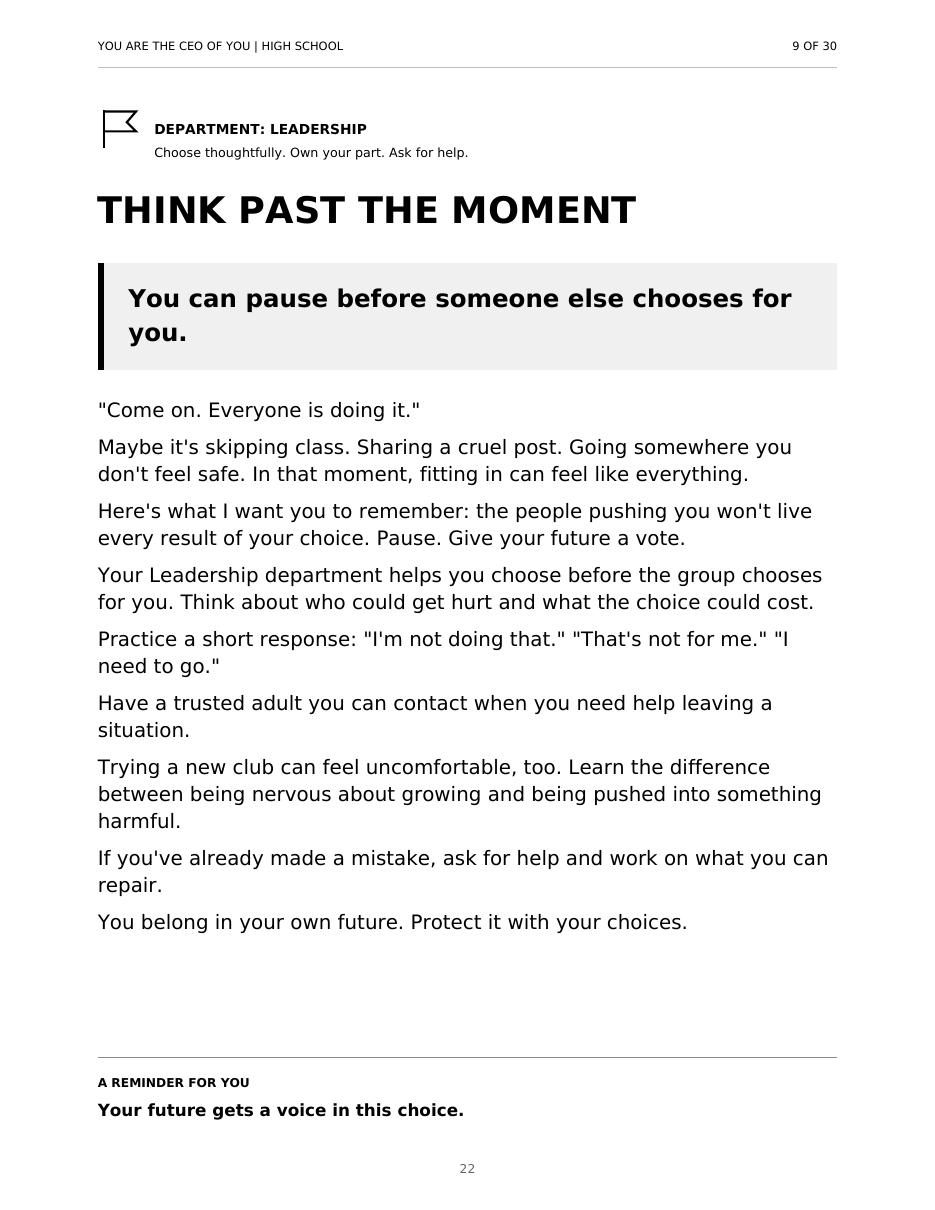 Journal page for Entry 9, Think past the moment, about peer pressure