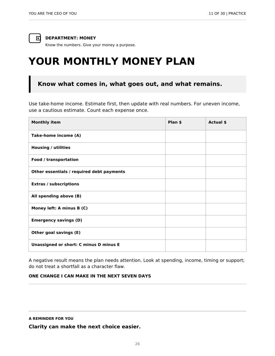 Practice page for Entry 11 with a monthly money plan table