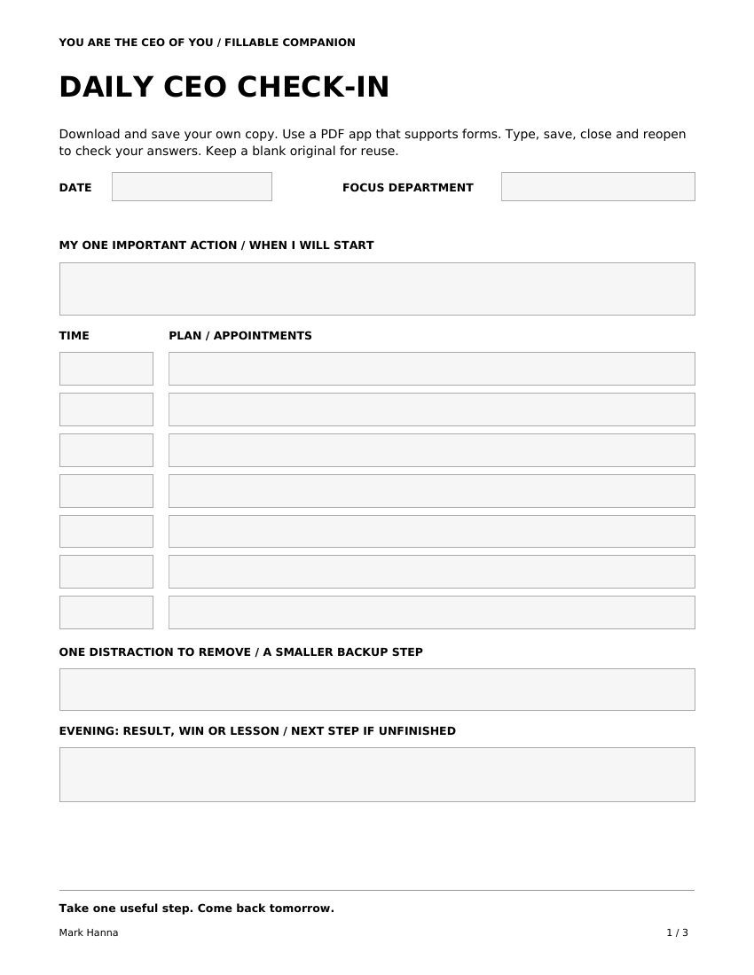 Fillable Daily CEO Check-In form with focus department, one important action, time plan and evening review