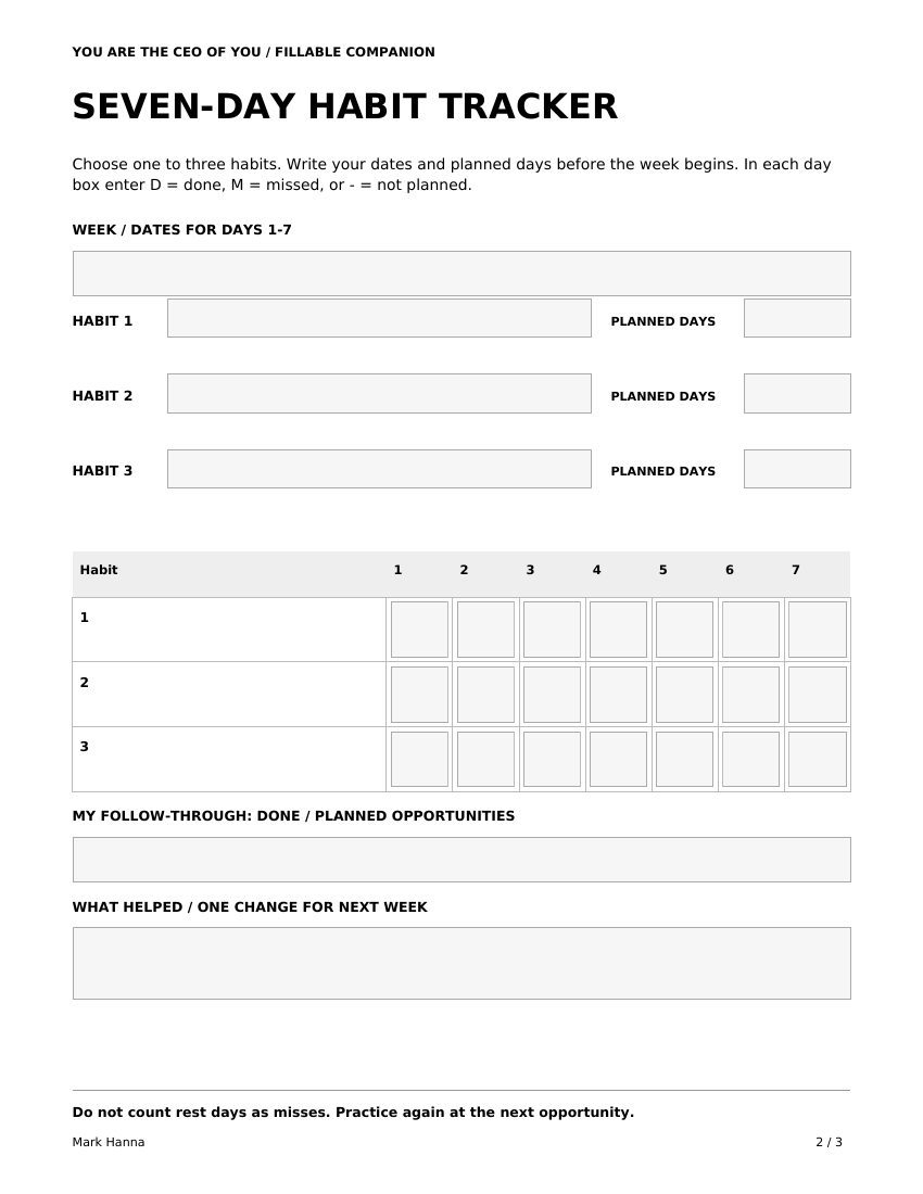 Fillable Seven-Day Habit Tracker for up to three habits
