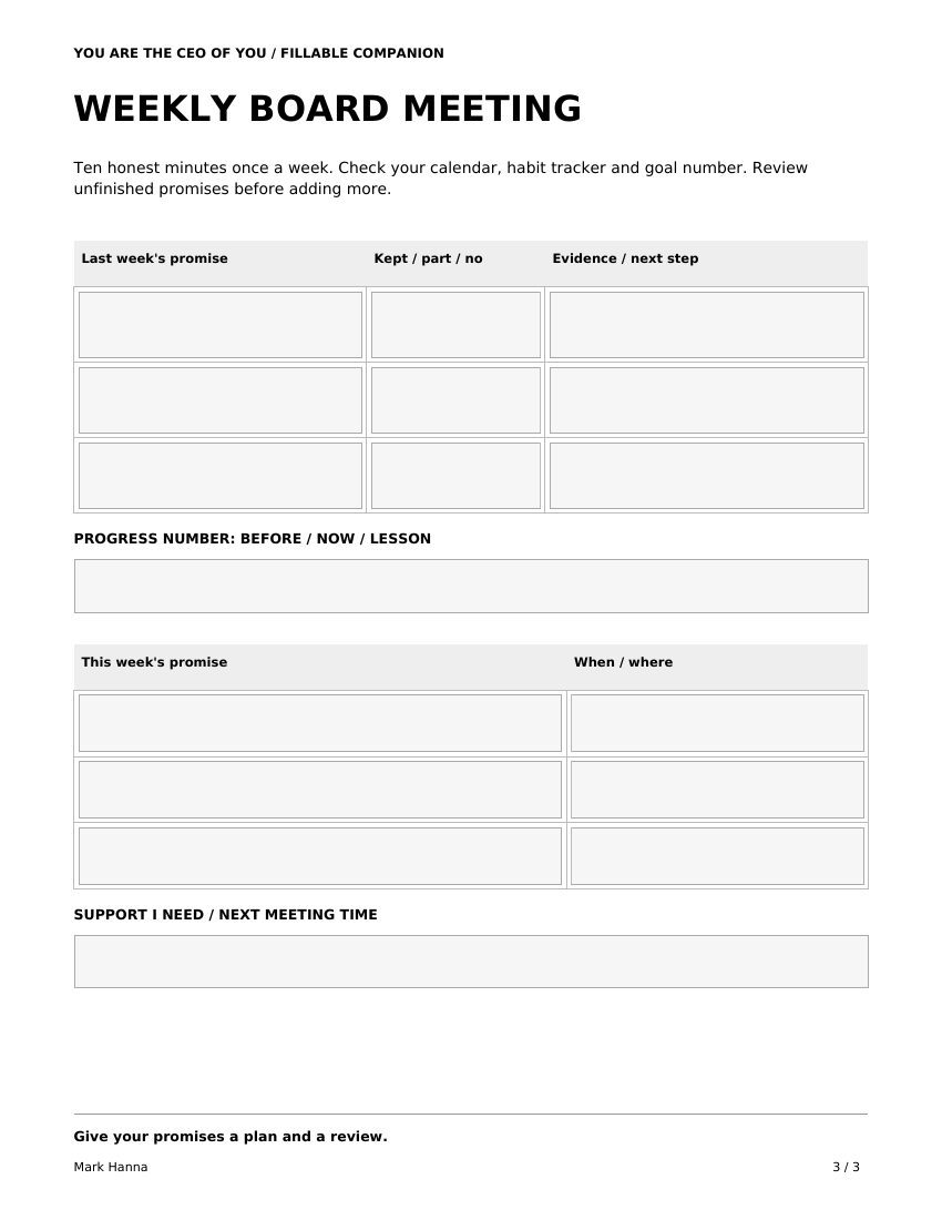 Fillable Weekly Board Meeting form to review promises and progress